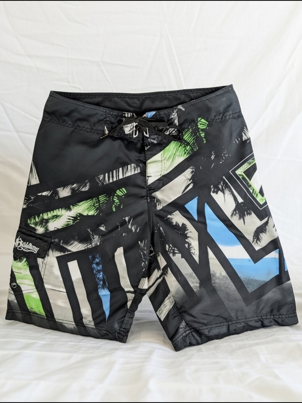 Y2K Billabong Board Shorts Men's 34 Black Green Blue Graphic Palm Beach